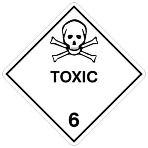 A diamond-shaped hazard sign with a white background, displaying a skull and crossbones symbol above the word 'TOXIC' and the number '6'. This sign represents Class 6.1 dangerous goods according to the Australian Dangerous Goods Code, indicating substances that are toxic and can cause serious health risks, including death, if swallowed, inhaled, or absorbed through the skin.