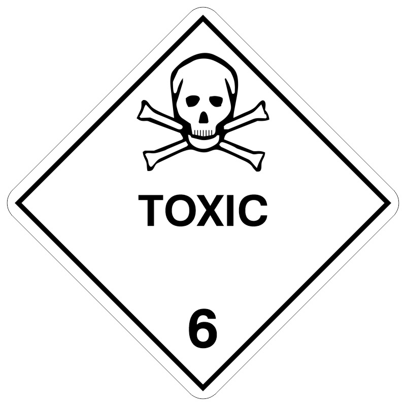 A diamond-shaped hazard sign with a white background, displaying a skull and crossbones symbol above the word 'TOXIC' and the number '6'. This sign represents Class 6.1 dangerous goods according to the Australian Dangerous Goods Code, indicating substances that are toxic and can cause serious health risks, including death, if swallowed, inhaled, or absorbed through the skin.