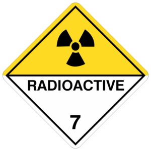 A diamond-shaped hazard sign with a yellow top half featuring a black radiation symbol and a white bottom half with the word 'RADIOACTIVE' in bold black letters and the number '7'. This sign indicates Class 7 hazardous materials under the Australian Dangerous Goods Code, representing substances that emit ionising radiation, such as uranium or medical isotopes, which require careful handling to prevent harmful exposure.