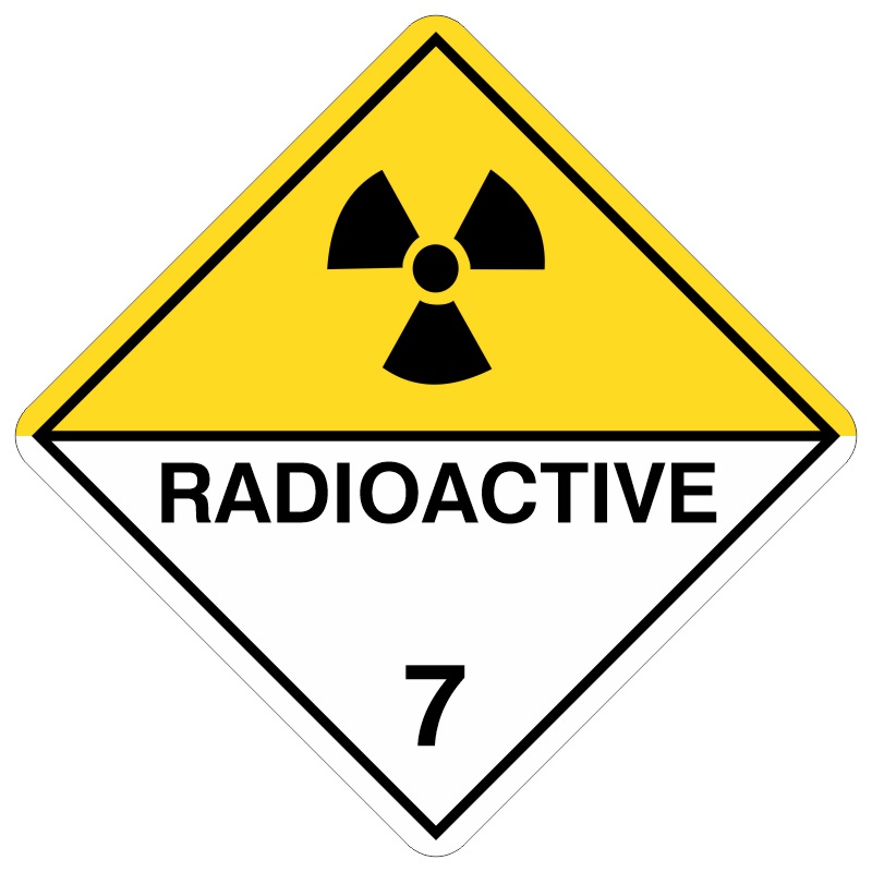 A diamond-shaped hazard sign with a yellow top half featuring a black radiation symbol and a white bottom half with the word 'RADIOACTIVE' in bold black letters and the number '7'. This sign indicates Class 7 hazardous materials under the Australian Dangerous Goods Code, representing substances that emit ionising radiation, such as uranium or medical isotopes, which require careful handling to prevent harmful exposure.