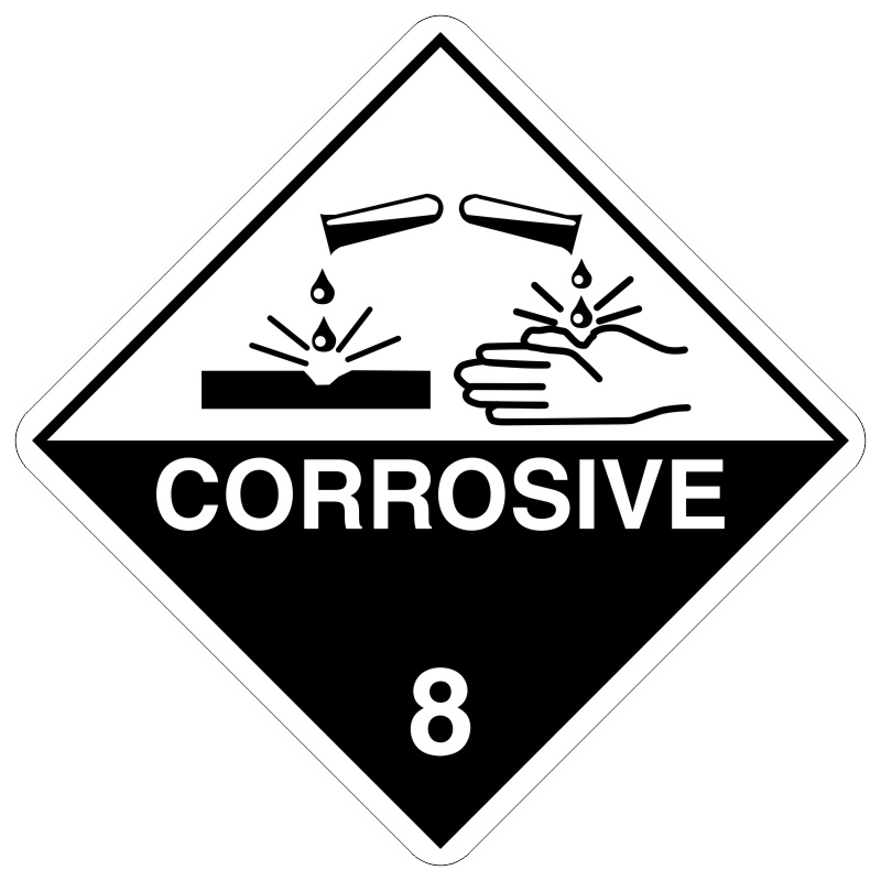 A diamond-shaped hazard sign with a black and white background, showing a symbol of two test tubes spilling liquid onto a metal surface and a hand, illustrating a corrosive reaction. The sign features the word 'CORROSIVE' and the number '8', representing Class 8 dangerous goods as per the Australian Dangerous Goods Code. These substances are highly corrosive and can cause severe damage to skin, eyes, and metals, necessitating strict handling and storage protocols to prevent harm, as outlined in AS3780 standards.