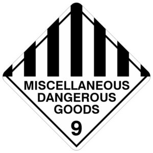 A diamond-shaped sign with a white background, featuring black vertical stripes on the upper half and the text 'MISCELLANEOUS DANGEROUS GOODS' along with the number '9' in bold black letters on the lower half. This sign indicates Class 9 hazardous materials, which include substances and articles that pose various risks not covered by other classifications in the Australian Dangerous Goods Code.