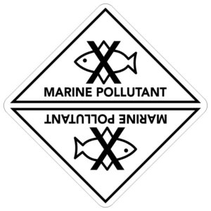 A diamond-shaped sign with a white background and black border, featuring a crossed-out fish symbol and the text 'MARINE POLLUTANT' in bold black letters, indicating substances harmful to the marine environment.