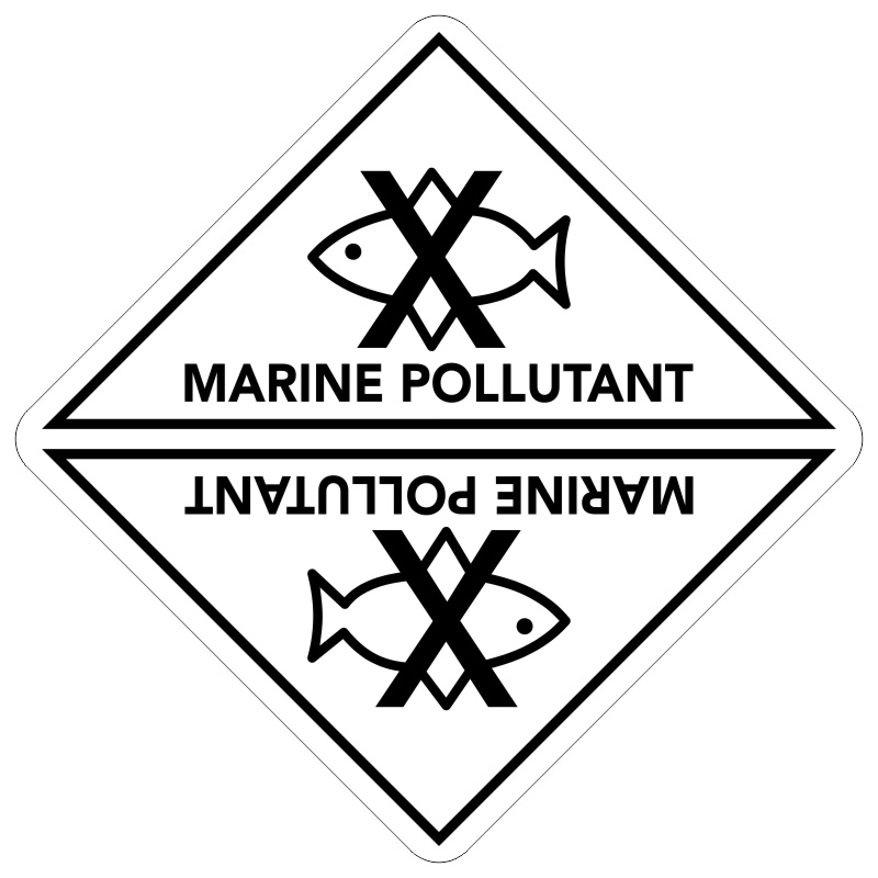 A diamond-shaped sign with a white background and black border, featuring a crossed-out fish symbol and the text 'MARINE POLLUTANT' in bold black letters, indicating substances harmful to the marine environment.