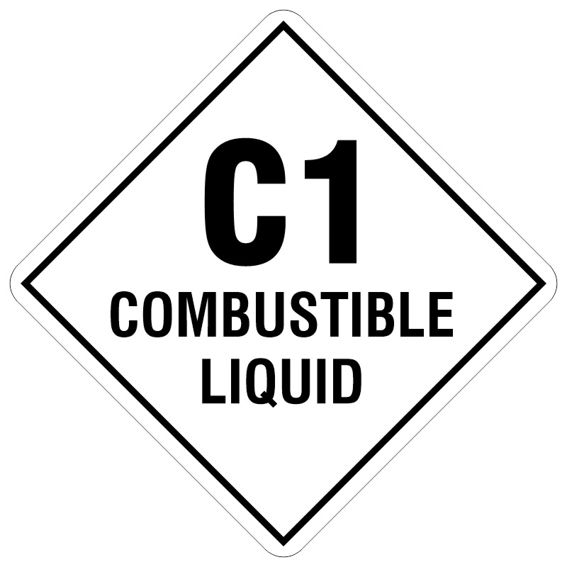 A diamond-shaped sign with a white background and black border, displaying the text 'C1 COMBUSTIBLE LIQUID' in bold black letters, indicating a C1 category combustible liquid hazard.