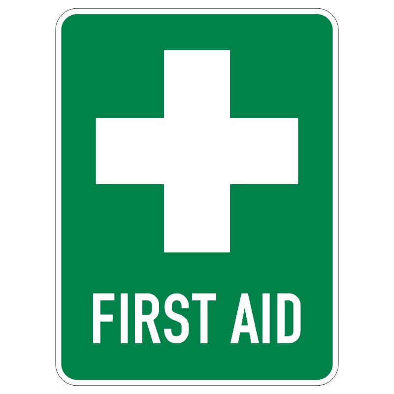 A green sign featuring a white cross above the words FIRST AID in white letters.