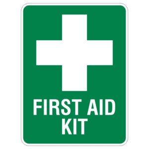 A green sign featuring a white cross symbol and the text FIRST AID KIT written below it.