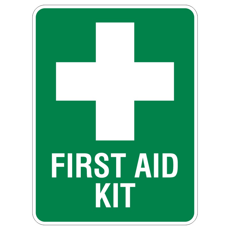A green sign featuring a white cross symbol and the text FIRST AID KIT written below it.