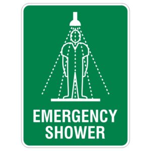 A green sign displaying an illustration of a person standing under an emergency shower, with water droplets falling from the showerhead, and the text EMERGENCY SHOWER at the bottom in white letters.