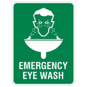 A green sign depicting an emergency eye wash station with a graphic of a person tilting their head back, water spraying into their eyes from two nozzles over a sink, with the words EMERGENCY EYE WASH at the bottom.