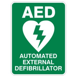 Green sign displaying AED above an image of a heart with a lightning bolt, and the words AUTOMATED EXTERNAL DEFIBRILLATOR below.