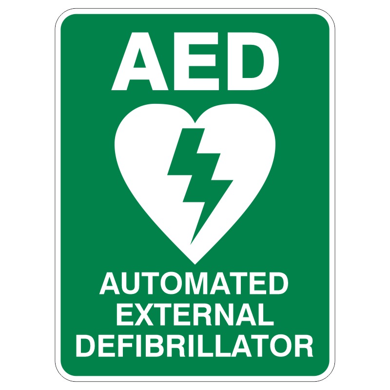 Green sign displaying AED above an image of a heart with a lightning bolt, and the words AUTOMATED EXTERNAL DEFIBRILLATOR below.