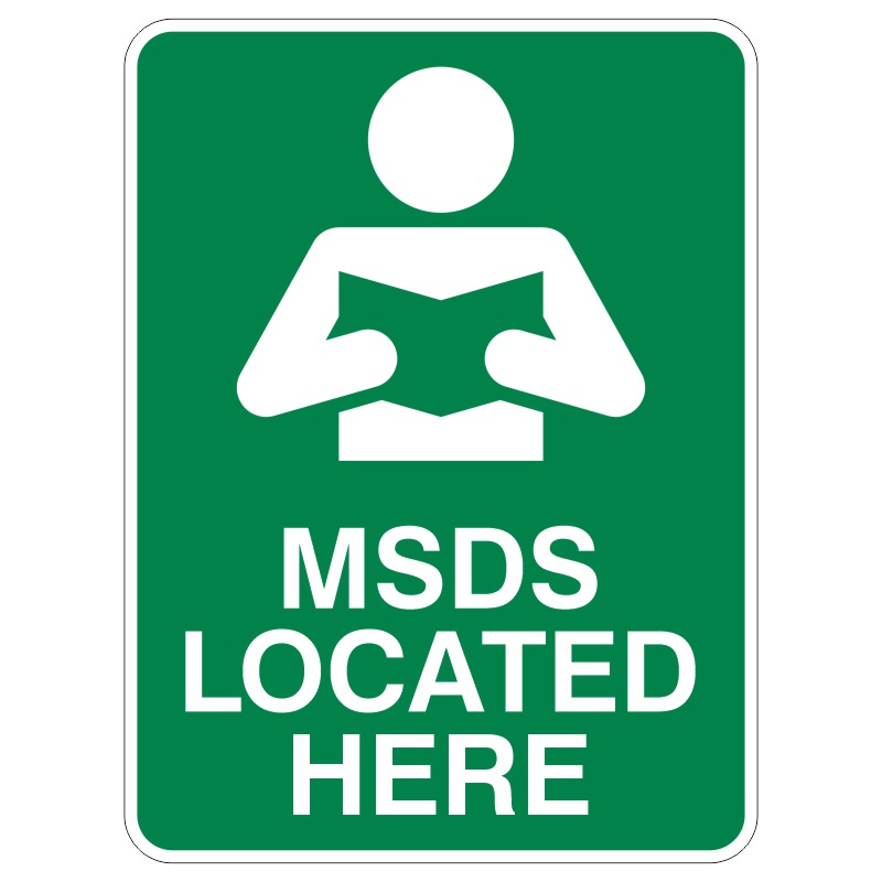 A green safety sign featuring a white figure holding an open book, with the text MSDS LOCATED HERE below it, indicating the location of Material Safety Data Sheets.