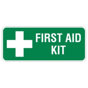 A green sign displaying a white cross symbol and the words FIRST AID KIT in bold capital letters.