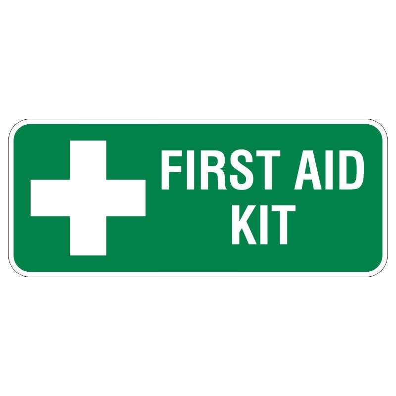 A green sign displaying a white cross symbol and the words FIRST AID KIT in bold capital letters.