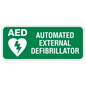 A green sign displaying the text AED and AUTOMATED EXTERNAL DEFIBRILLATOR along with a graphic of a heart and lightning bolt, indicating the location of an automated external defibrillator.