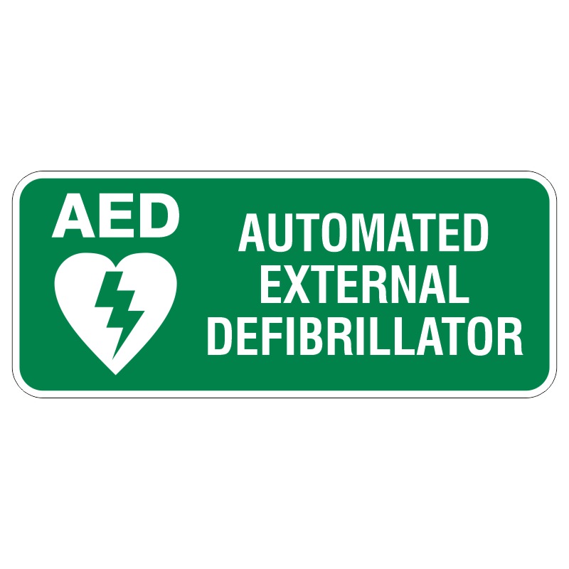 A green sign displaying the text AED and AUTOMATED EXTERNAL DEFIBRILLATOR along with a graphic of a heart and lightning bolt, indicating the location of an automated external defibrillator.