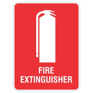 A rectangular red sign featuring a white silhouette of a fire extinguisher above the text FIRE EXTINGUISHER in white letters.