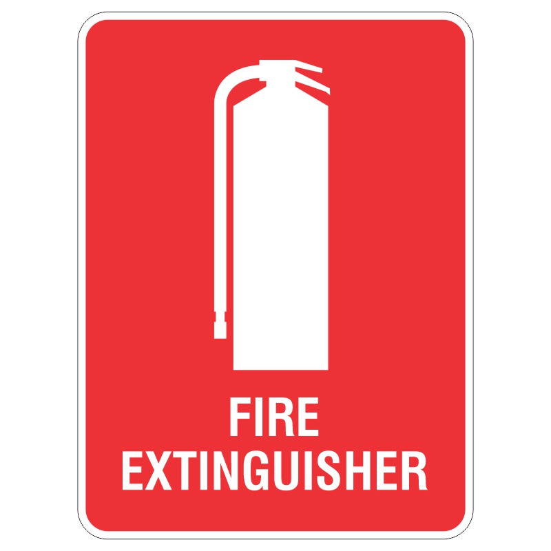 A rectangular red sign featuring a white silhouette of a fire extinguisher above the text FIRE EXTINGUISHER in white letters.