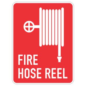 A red sign featuring a white illustration of a fire hose reel, alongside the text 'FIRE HOSE REEL' in bold white letters at the bottom.