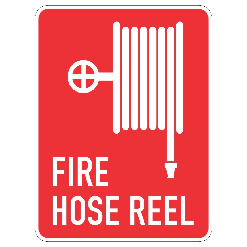 A red sign featuring a white illustration of a fire hose reel, alongside the text 'FIRE HOSE REEL' in bold white letters at the bottom.
