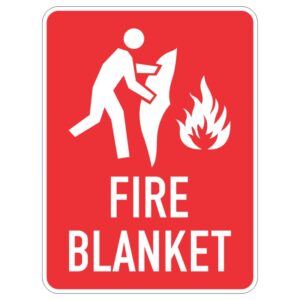 A red safety sign depicting a person using a fire blanket to extinguish a flame, with the text FIRE BLANKET prominently displayed below.