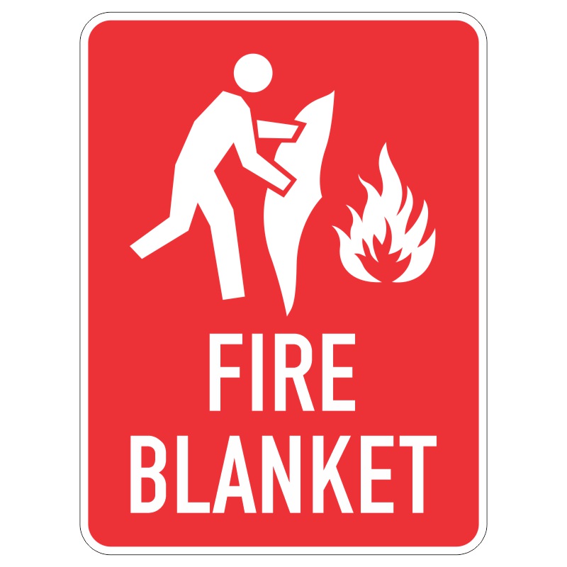A red safety sign depicting a person using a fire blanket to extinguish a flame, with the text FIRE BLANKET prominently displayed below.