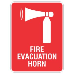 A red sign displaying a white image of a fire evacuation horn along with the text FIRE EVACUATION HORN in bold white letters underneath.