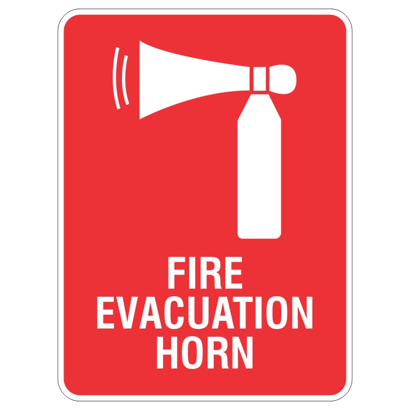 A red sign displaying a white image of a fire evacuation horn along with the text FIRE EVACUATION HORN in bold white letters underneath.