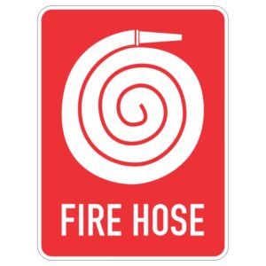 A sign featuring a white spiral fire hose icon on a red background, with the words FIRE HOSE displayed prominently below.