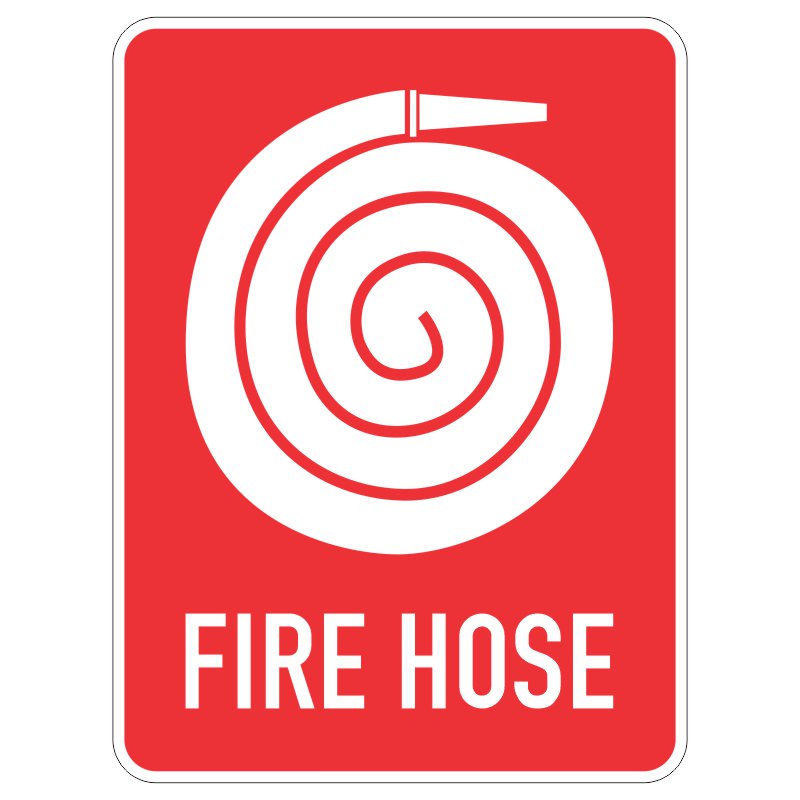 A sign featuring a white spiral fire hose icon on a red background, with the words FIRE HOSE displayed prominently below.