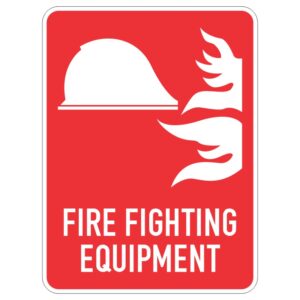 A red sign featuring a firefighter helmet and flames with the text FIRE FIGHTING EQUIPMENT at the bottom.