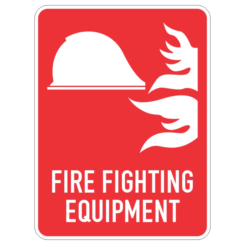 A red sign featuring a firefighter helmet and flames with the text FIRE FIGHTING EQUIPMENT at the bottom.