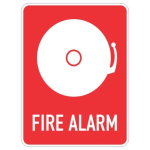 A red sign depicting a white fire alarm bell with the words FIRE ALARM printed in bold white letters at the bottom.