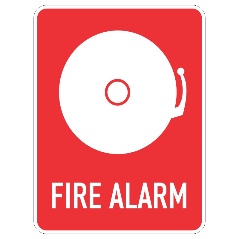 A red sign depicting a white fire alarm bell with the words FIRE ALARM printed in bold white letters at the bottom.