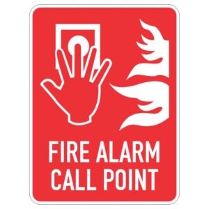 A rectangular red sign featuring a hand reaching towards a fire alarm call point and stylized flames on the right side, with the words FIRE ALARM CALL POINT at the bottom.