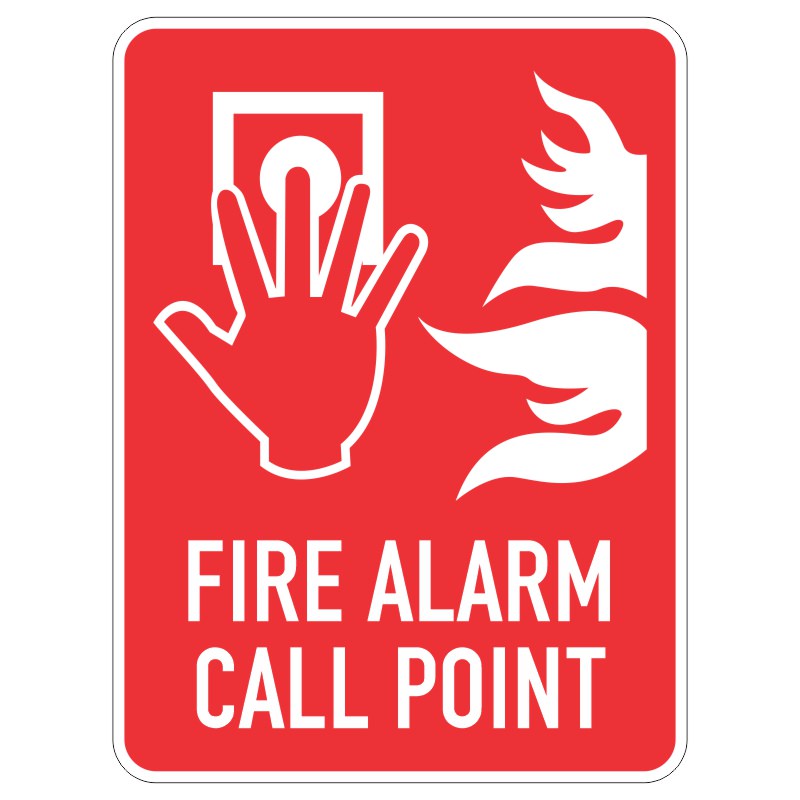 A rectangular red sign featuring a hand reaching towards a fire alarm call point and stylized flames on the right side, with the words FIRE ALARM CALL POINT at the bottom.