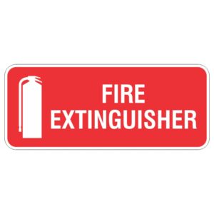 A red sign with a white fire extinguisher symbol on the left and the words FIRE EXTINGUISHER in bold white letters on the right.