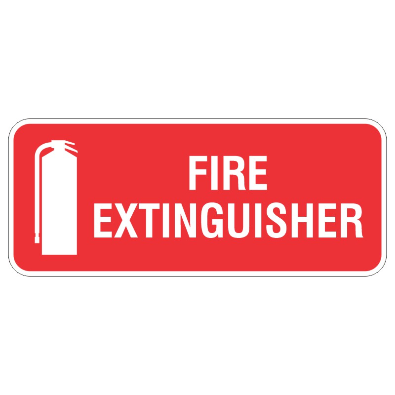 A red sign with a white fire extinguisher symbol on the left and the words FIRE EXTINGUISHER in bold white letters on the right.