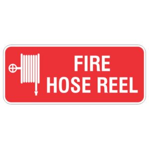 Sign with a red background showing a white illustration of a fire hose reel and the words FIRE HOSE REEL.
