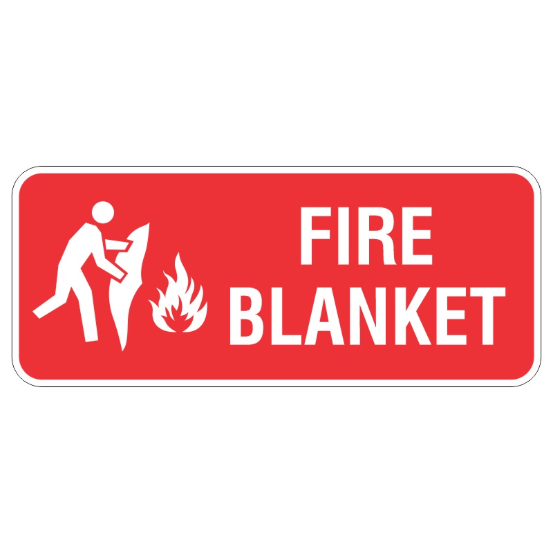 A red rectangular sign with a white symbol of a person extending a fire blanket towards flames and the text FIRE BLANKET in bold white letters.