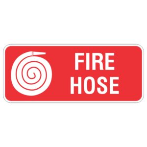 Red sign featuring a white spiral image of a coiled fire hose and the text FIRE HOSE in bold white letters.