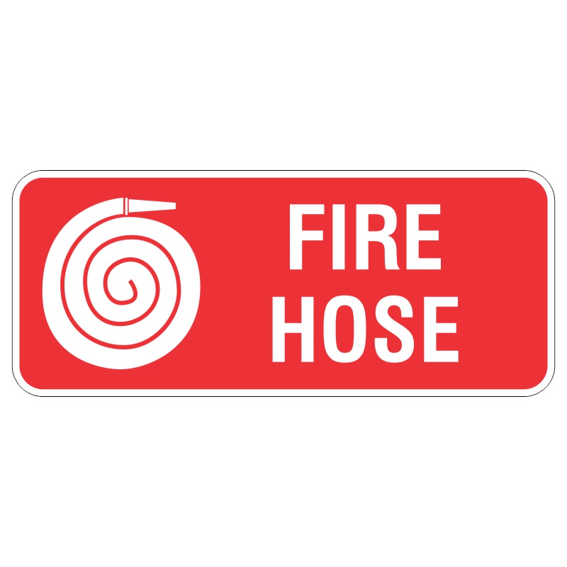 Red sign featuring a white spiral image of a coiled fire hose and the text FIRE HOSE in bold white letters.