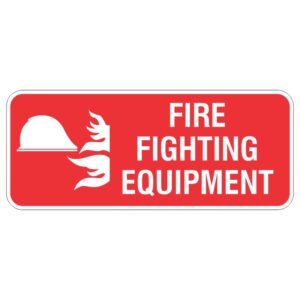 A rectangular red sign displaying the text FIRE FIGHTING EQUIPMENT in white, accompanied by a graphic of a fire helmet and flames.