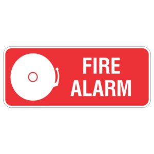 A rectangular red sign displaying a white bell icon on the left and the text FIRE ALARM in bold white letters.