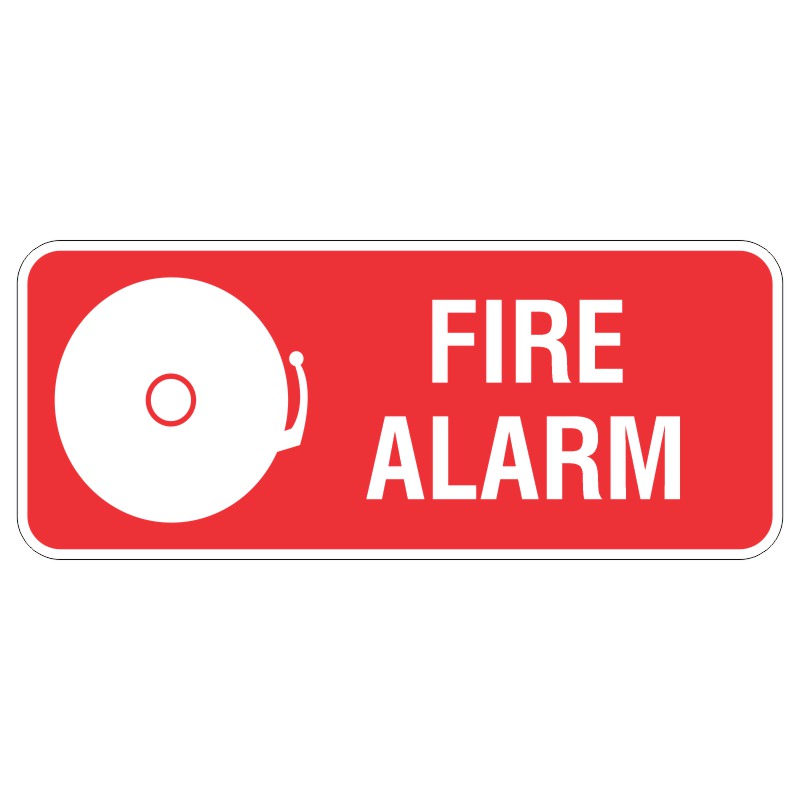 A rectangular red sign displaying a white bell icon on the left and the text FIRE ALARM in bold white letters.