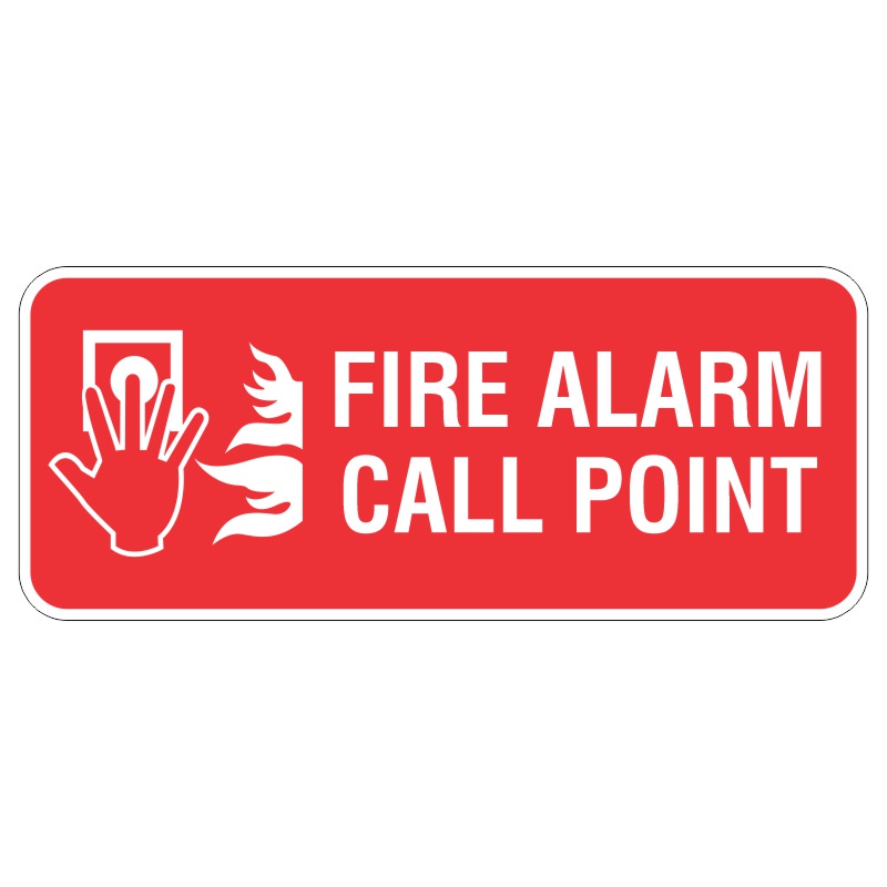 A red sign depicting a hand reaching toward a fire alarm call point symbol, with the text FIRE ALARM CALL POINT in bold white letters.