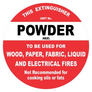 A round fire extinguisher label indicating it is a powder unit, suitable for wood, paper, fabric, liquid, and electrical fires, with a caution against using it for cooking oils or fats.
