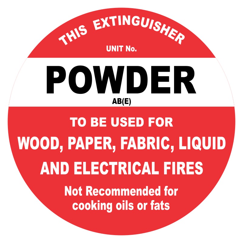A round fire extinguisher label indicating it is a powder unit, suitable for wood, paper, fabric, liquid, and electrical fires, with a caution against using it for cooking oils or fats.
