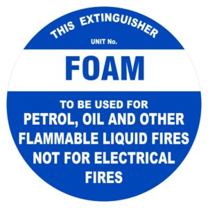 A circular blue label indicating a foam fire extinguisher, stating it is to be used for petrol, oil, and other flammable liquid fires, but not for electrical fires.